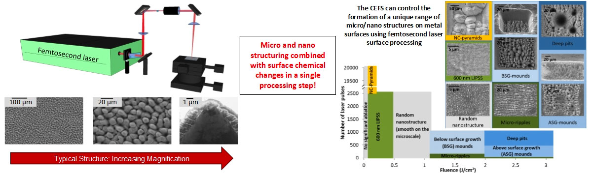 Micro and Nano structuring combined with surface chemical changes in a single processing step